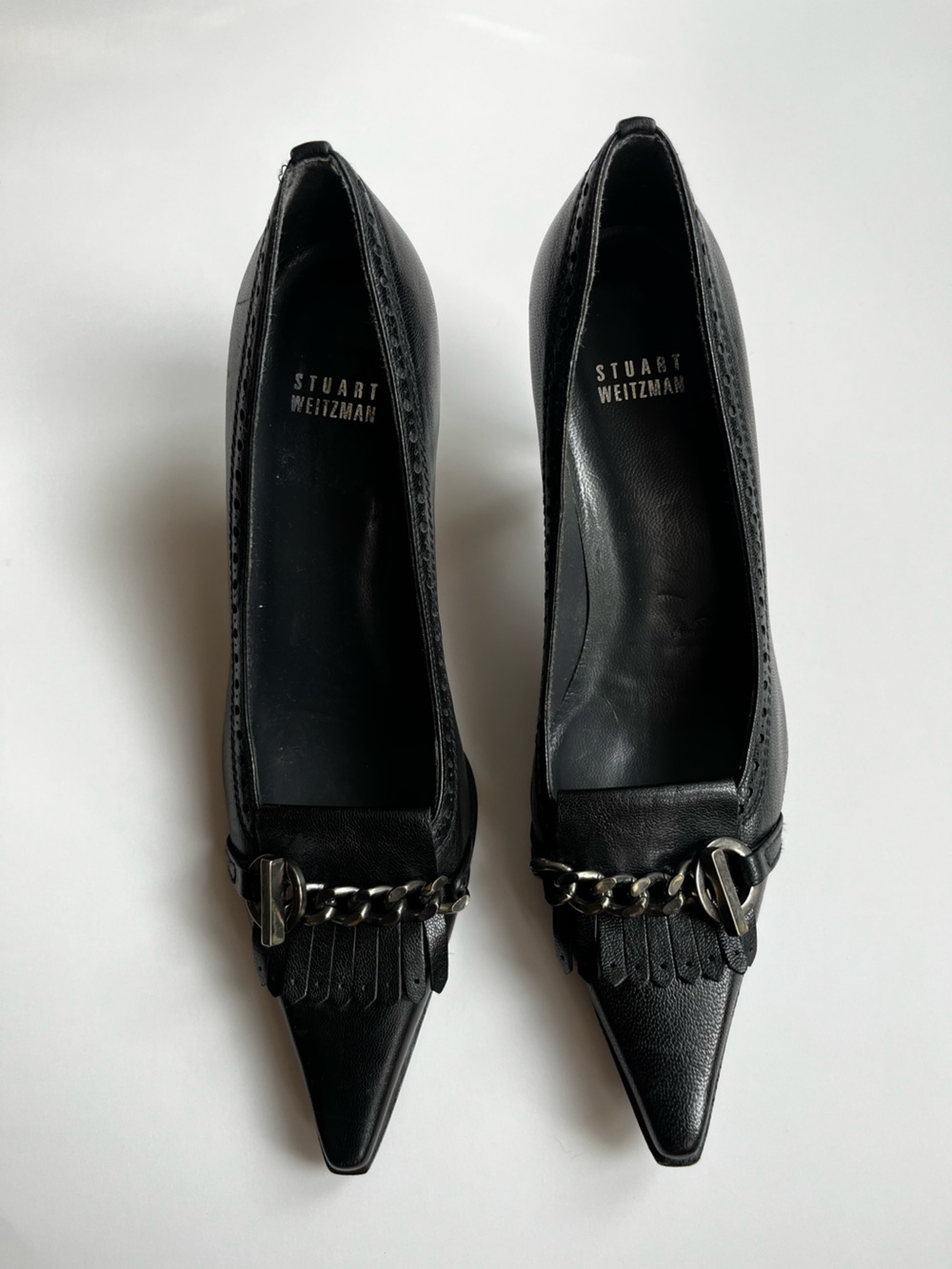 Stuart Weitzman Black Leather heals with Chain Detail